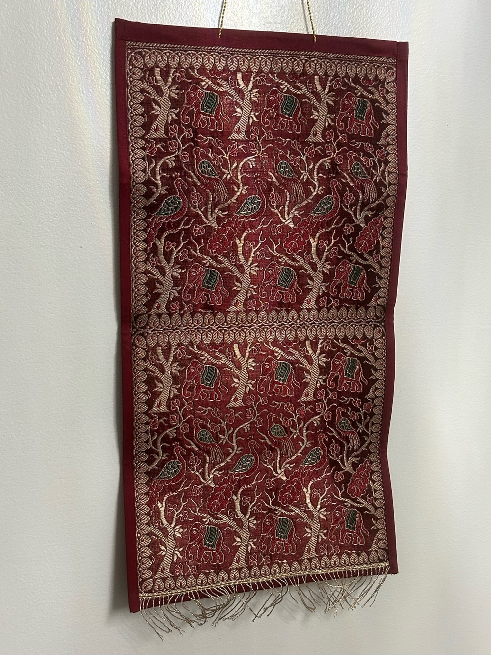 Embroidered Tapestry Wall Hanging with Elephants & Peacocks Gold, Red, Green